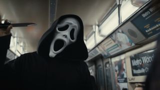 Ghostface holding knife in subway car in Scary Movie 6