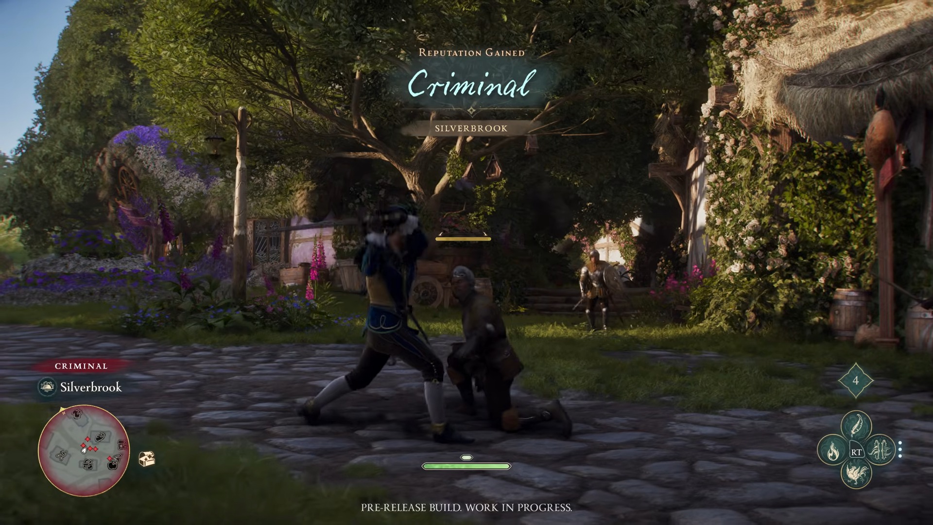 A character in a blue coat holds an NPC at gunpoint on a cobblestone path in a lush, colorful garden. Text reads "Reputation Gained: Criminal."