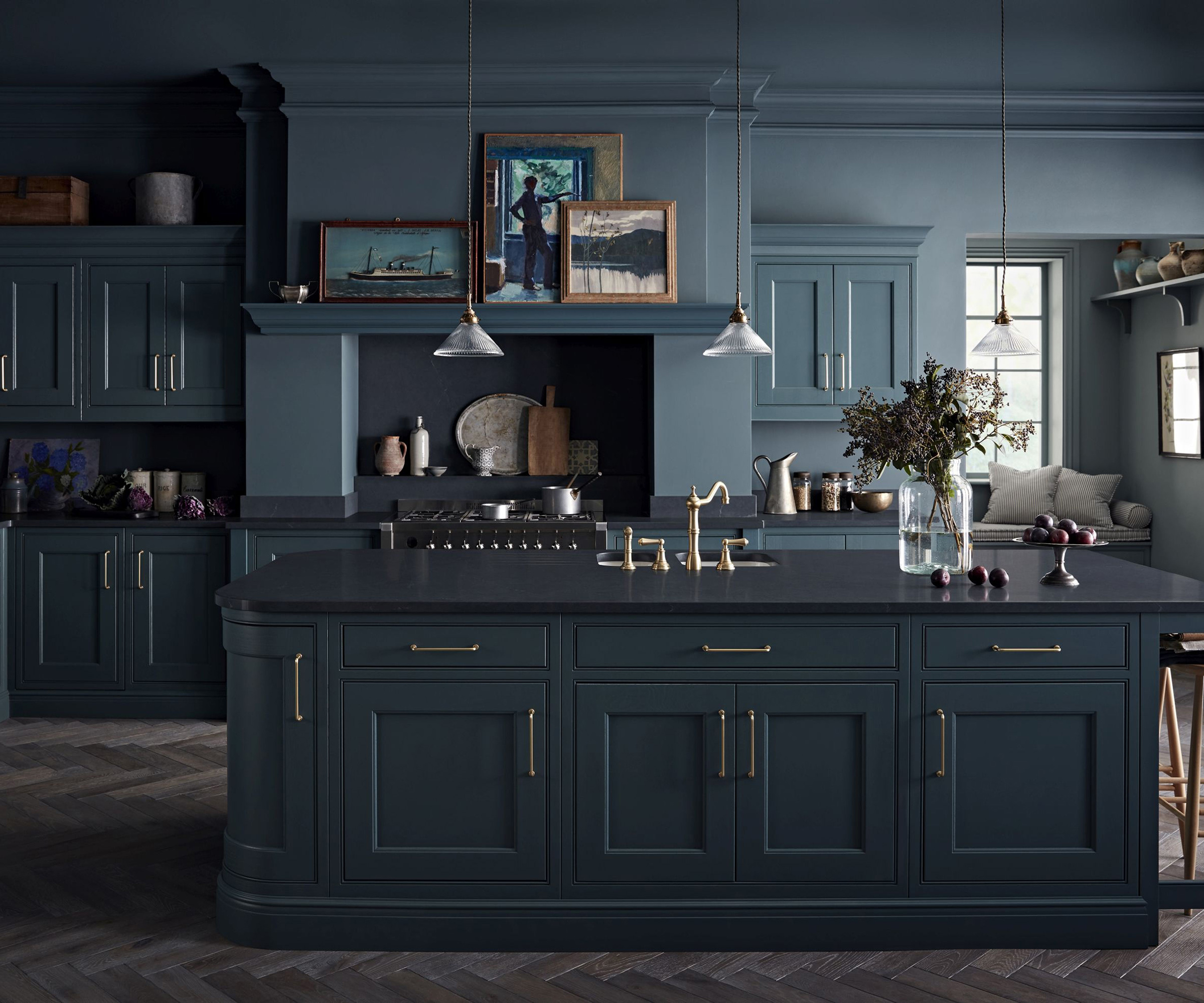 dark grey kitchen with large island