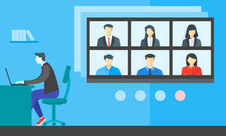 Cartoon image of a worker joining a video conference