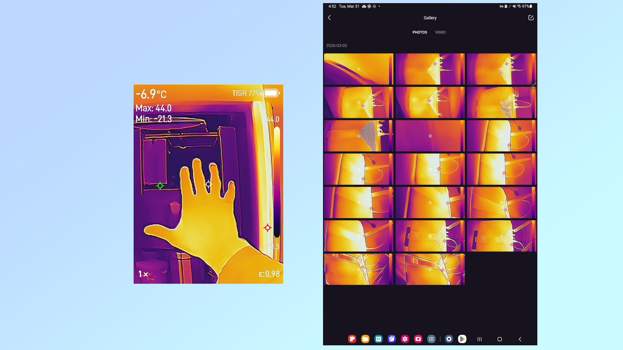 A series of screenshots showing pics from a thermal imaging camera