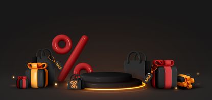 Realistic 3d design with a stage podium, round studio, gold neon lights, gift box black, red bow, shopping bag and a big percent label discount