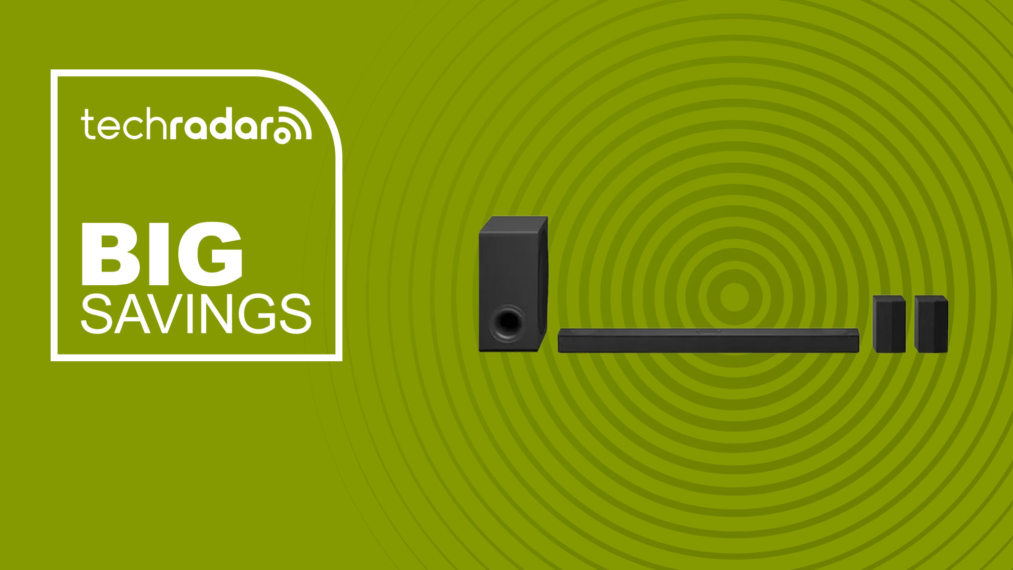 The LG US80TR Soundbar on a green background with text saying Big Savings.