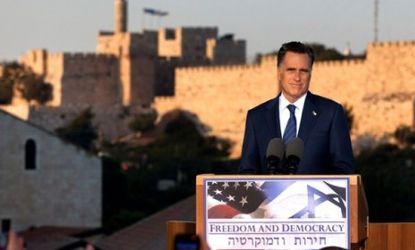 Mitt Romney delivers a speech in Israel on July 29: A newly released video suggests that Romney may have given up on the idea of a Palestinian state.