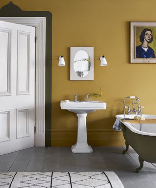 A bathroom idea by Annie Sloan using olive and mustard wall paint - Carnaby Yellow Wall Paint, Chalk Paint in Olive, French Linen, Old Ochre
