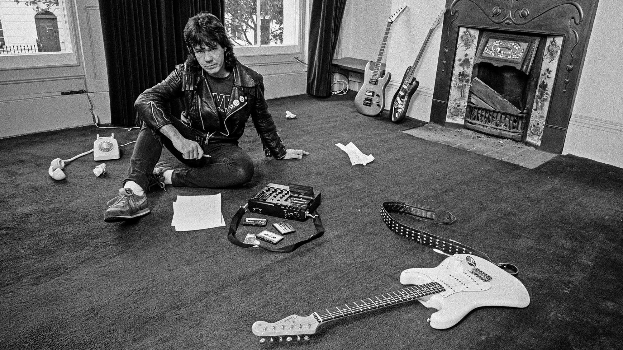 Northern Irish rock guitarist Gary Moore at home, London, August 1984.