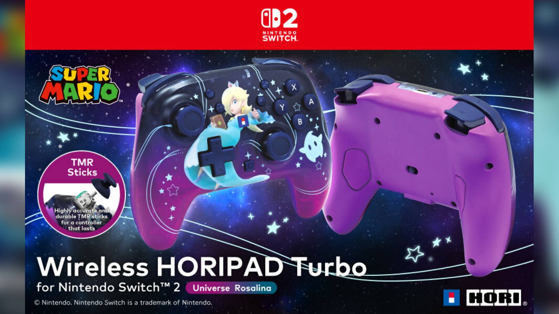 Image of the front and back of the Hori Princess Rosalina Switch 2 controller.