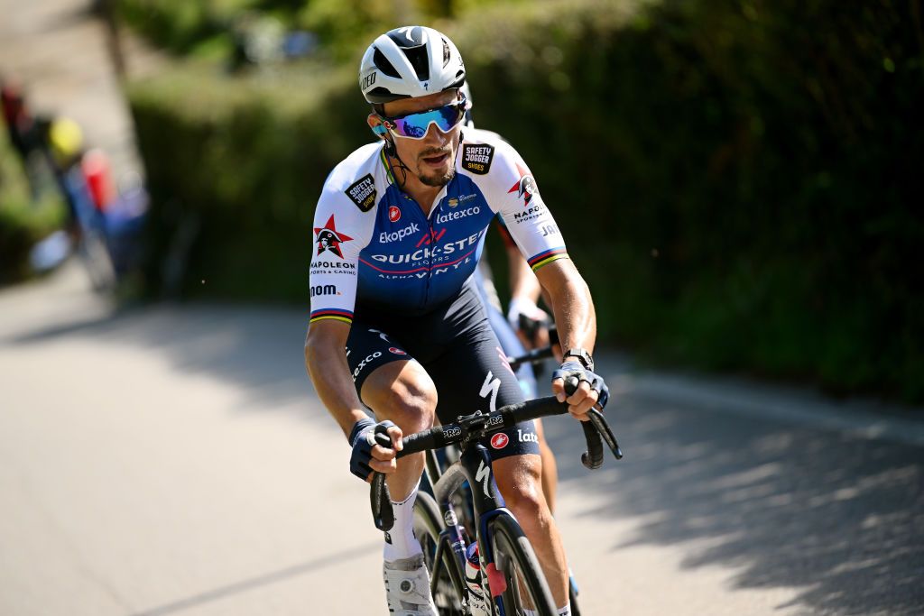 LEGNANO ITALY OCTOBER 03 Julian Alaphilippe of France and Team QuickStep Alpha Vinyl competing in the breakaway during the 103rd Coppa Bernocchi GP BPM 2022 a 1907km one day race from Legnano to Legnano CoppaBernocchi on October 03 2022 in Legnano Italy Photo by Dario BelingheriGetty Images