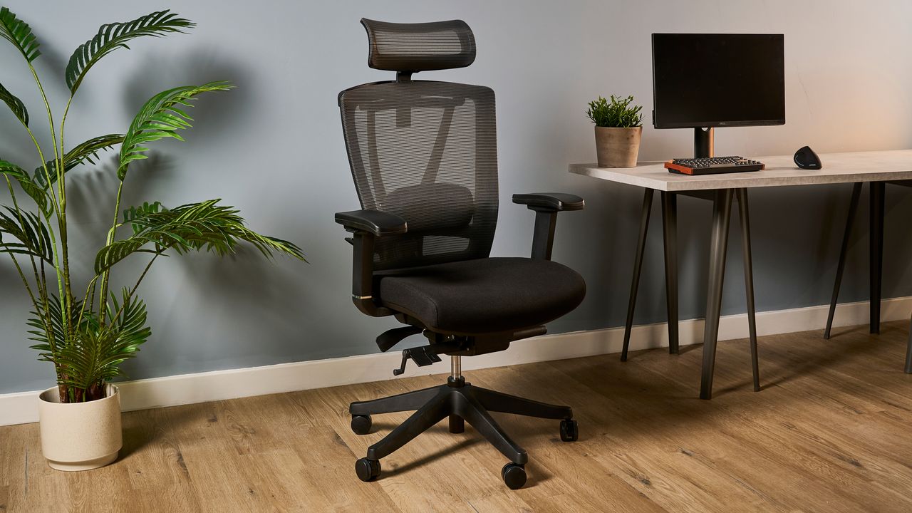 The Autonomous ErgoChair Pro against a blue-gray wall in an office.