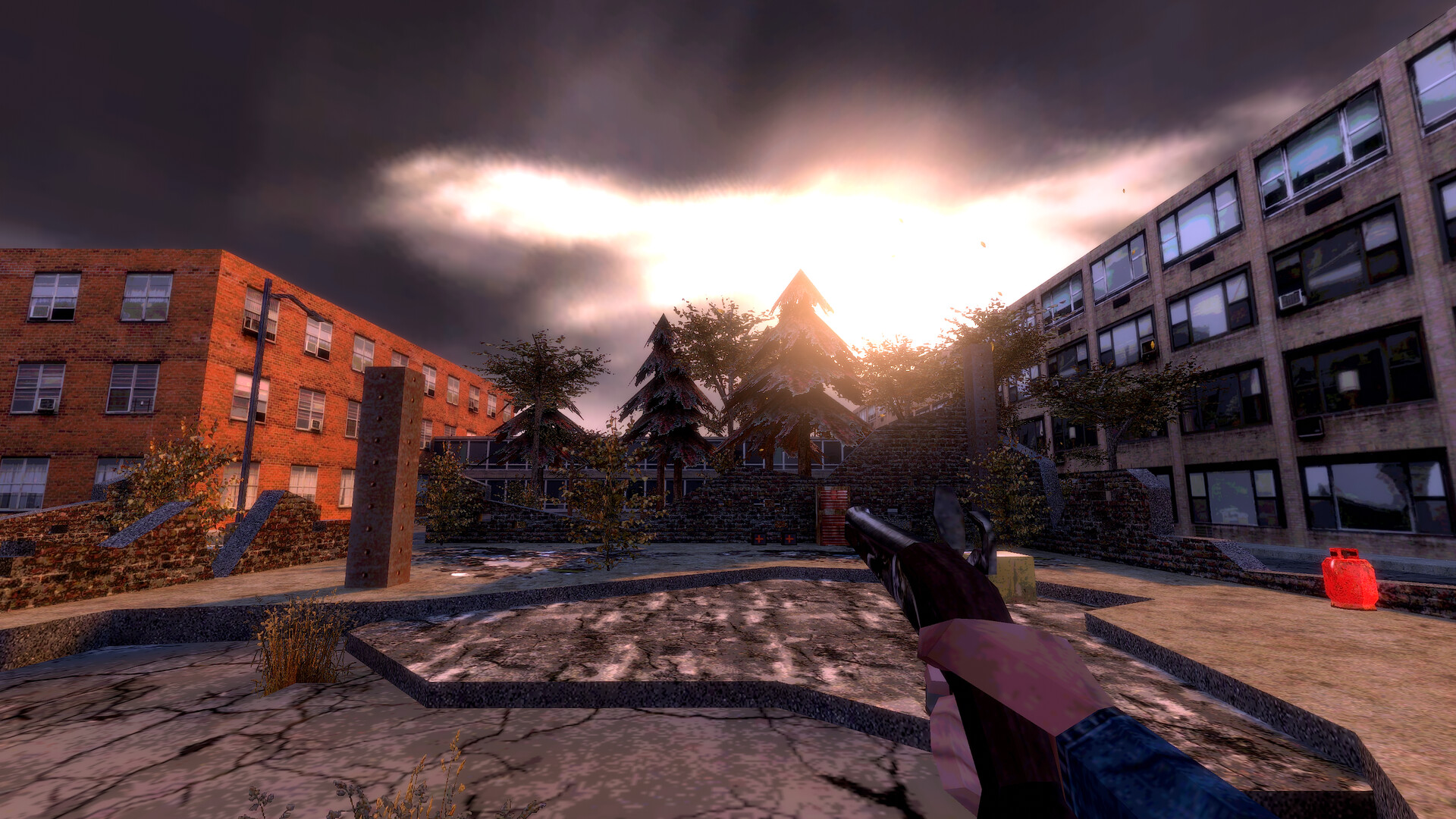 Player looking up at a bloomy sky in the modern day