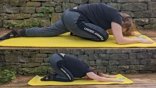 Samantha Priestley doing downward dog yoga pose in collage with arms outstretched, part of doing yoga every day