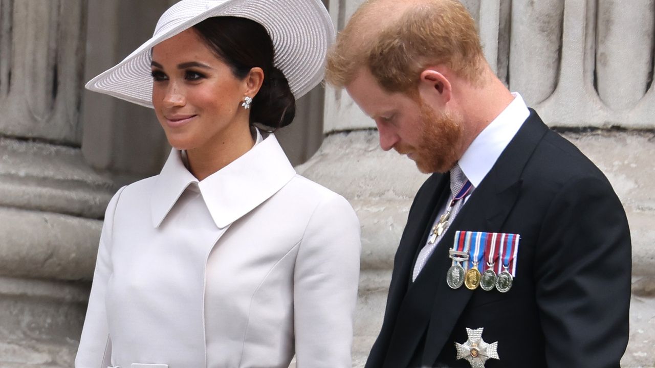 Meghan, Duchess of Sussex and Prince Harry, Duke of Sussex departing St. Paul&#039;s Cathedral after the Queen Elizabeth II Platinum Jubilee 2022 - National Service of Thanksgiving on June 03, 2022 in London, England. The Platinum Jubilee of Elizabeth II is being celebrated from June 2 to June 5, 2022, in the UK and Commonwealth to mark the 70th anniversary of the accession of Queen Elizabeth II on 6 February 1952