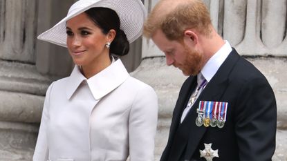 Meghan, Duchess of Sussex and Prince Harry, Duke of Sussex departing St. Paul's Cathedral after the Queen Elizabeth II Platinum Jubilee 2022 - National Service of Thanksgiving on June 03, 2022 in London, England. The Platinum Jubilee of Elizabeth II is being celebrated from June 2 to June 5, 2022, in the UK and Commonwealth to mark the 70th anniversary of the accession of Queen Elizabeth II on 6 February 1952