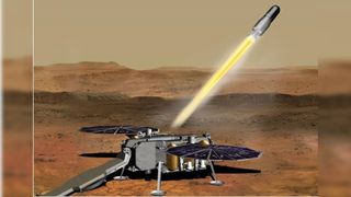 An illustration of a Martian lander with hexagonal solar panels faced toward the top of the image and shooting off a small metal cylinder with a beam of yellow light headed for the top right of the image