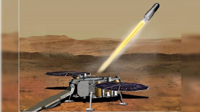 An illustration of a Martian lander with hexagonal solar panels faced toward the top of the image and shooting off a small metal cylinder with a beam of yellow light headed for the top right of the image
