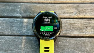 A 7-day acute load graphic on the Garmin Forerunner 965