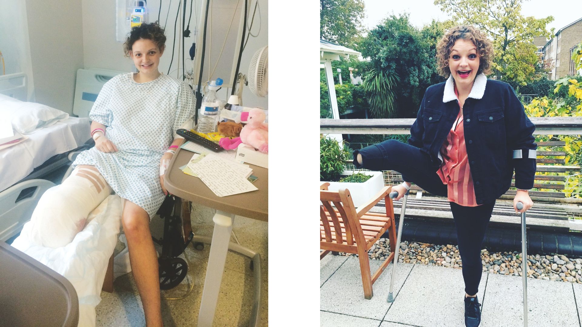 A split image shows Ella Dove in hospital after her amputation, and walking on crutches outside, holding her healed stump aloft