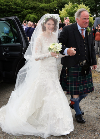 Rose Leslie arriving at Rayne Church in Kirkton on Rayne for the wedding of Kit Harrington and Rose Leslie on June 23, 2018 in Aberdeen, Scotland