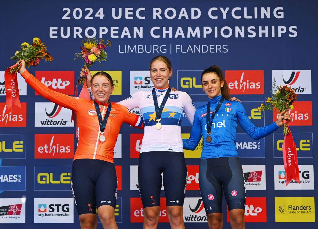 HASSELT BELGIUM SEPTEMBER 13 Gold medalist Sofie Van Rooijen of Team Netherlands C Silver medalist Scarlett Souren of Team Netherlands L and Bronze medalist Eleonora Gasparrini of Team Italy R pose on the podium during the 30th UEC Road Cycling European Championships 2024 Womens U23 Road Race a 1014km one day race from HeusdenZolder to Hasselt UCIWWT on September 13 2024 in Hasselt Belgium Photo by Luc ClaessenGetty Images