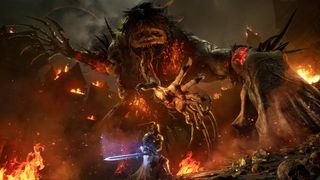 Lords of the Fallen AI; a giant monster attacks a knight