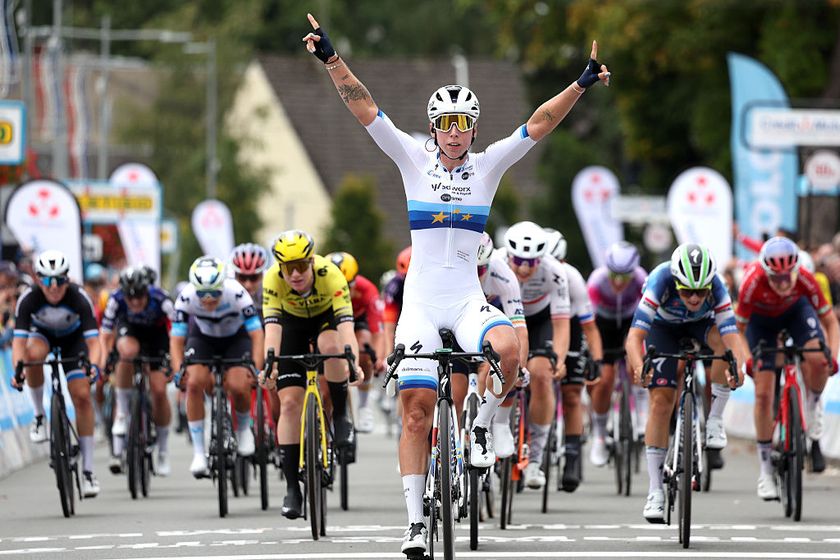 FOURMIES, FRANCE - SEPTEMBER 14: Lorena Wiebes of Netherlands and Team SD Worx-Protime celebrates at finish line as race winner during the 6th La Choralis Fourmies Feminine - 2025 a 123.1km one day race from Fourmies to Fourmies on September 14, 2025 in Fourmies, France. (Photo by Rhode Van Elsen/Getty Images)