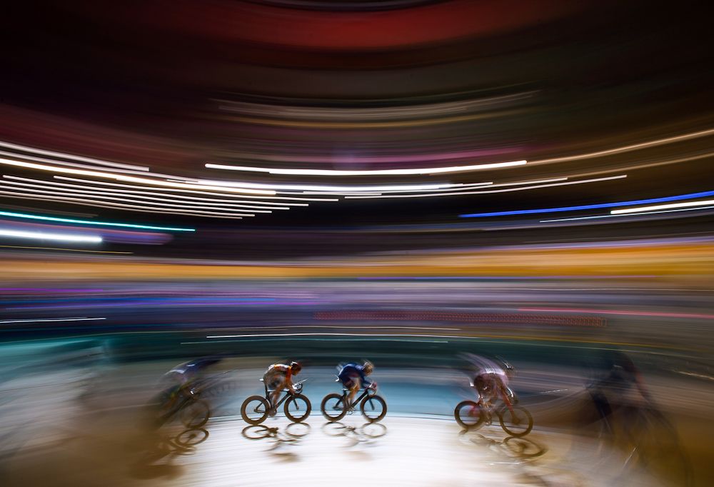 Riders in action during the the Elimination race round of the 1878 Cup during day one of the London Six Day Race at the Lee Valley Velopark