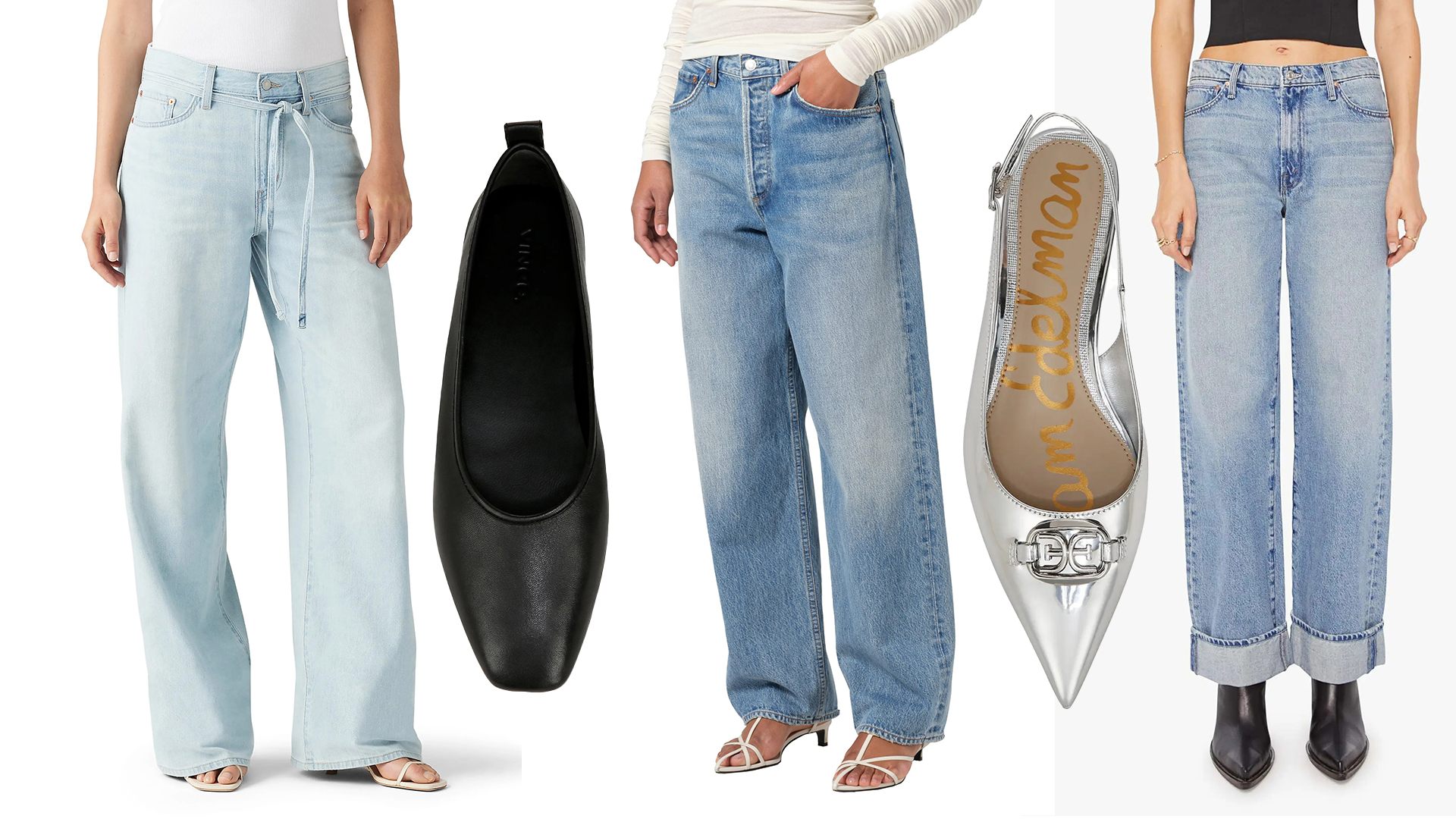 Pitctured are pairs of jeans with flats in between them