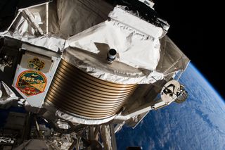 A view of the Alpha Magnetic Spectrometer - 02 (AMS-02) experiment on the outside of the International Space Station.