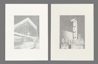 Black and white images Left- 'Denver', Right- greyhound bus stop