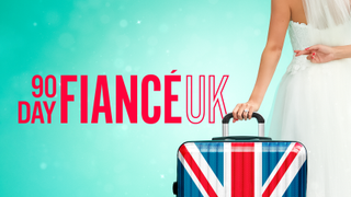 90 Day Fiance UK cover art. A bride holding a suitcase with the Union Jack on it with her fingers crossed behind her back.