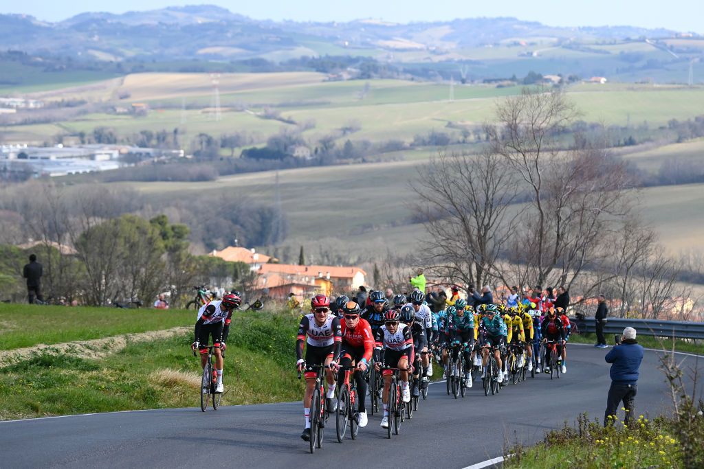 CARPEGNA ITALY MARCH 12 Mikkel Bjerg of Denmark and UAE Team Emirates leads The Peloton during the 57th TirrenoAdriatico 2022 Stage 6 a 215km stage from Apecchio to Carpegna 746m TirrenoAdriatico WorldTour on March 12 2022 in Carpegna Italy Photo by Tim de WaeleGetty Images