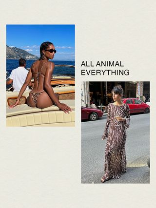 Laura Harrier wears a leopard-print bikini with black sunglasses; Tamara Mory wears a zebra-print maxi dress with sandals.