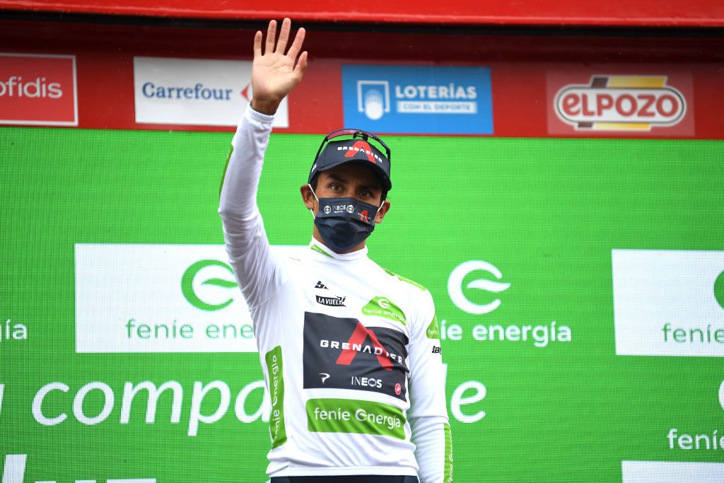 LAGOS DE COVADONGA SPAIN SEPTEMBER 01 Egan Arley Bernal Gomez of Colombia and Team INEOS Grenadiers celebrates winning the White Best Young Rider Jersey on the podium ceremony after the 76th Tour of Spain 2021 Stage 17 a 1855km stage from Unquera to Lagos de Covadonga 1085m lavuelta LaVuelta21 on September 01 2021 in Lagos de Covadonga Spain Photo by Tim de WaeleGetty Images