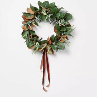 Magnolia and Olive Artificial Wreath with Ribbon Brown