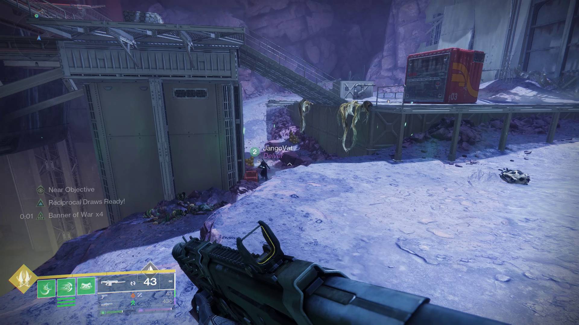 Destiny 2 Edge of Fate Vessel of the Nine quest Guardian standing next to fallen dreg fungal corpse in academy facility