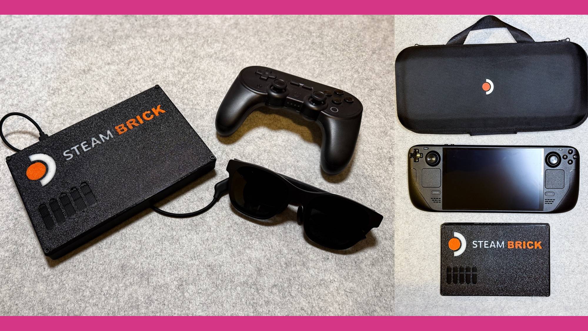 Pictures of Steam Brick with controller, case, and AR glasses