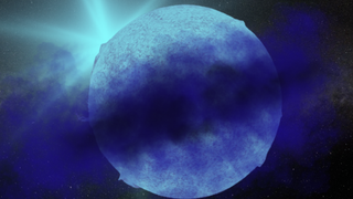 A bright blue sphere shrouded by purple and black smoke.