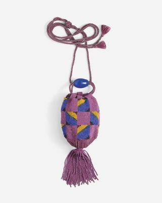 Purple knitted draw string bag