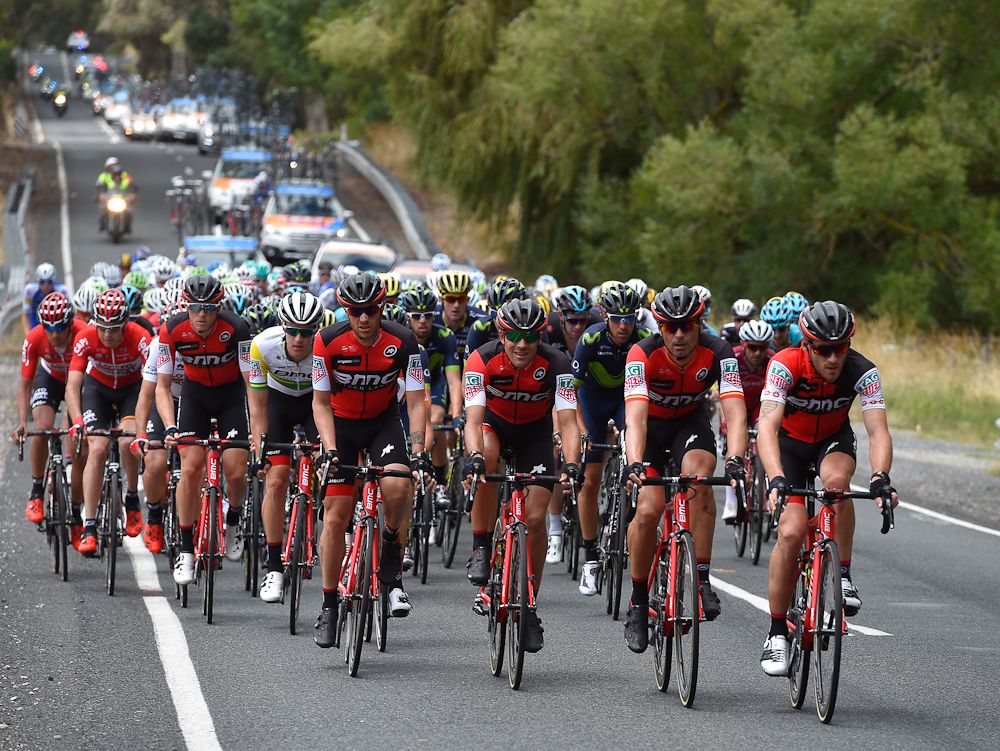 BMC lead the peloton during stage 4 at the Tour Down Under