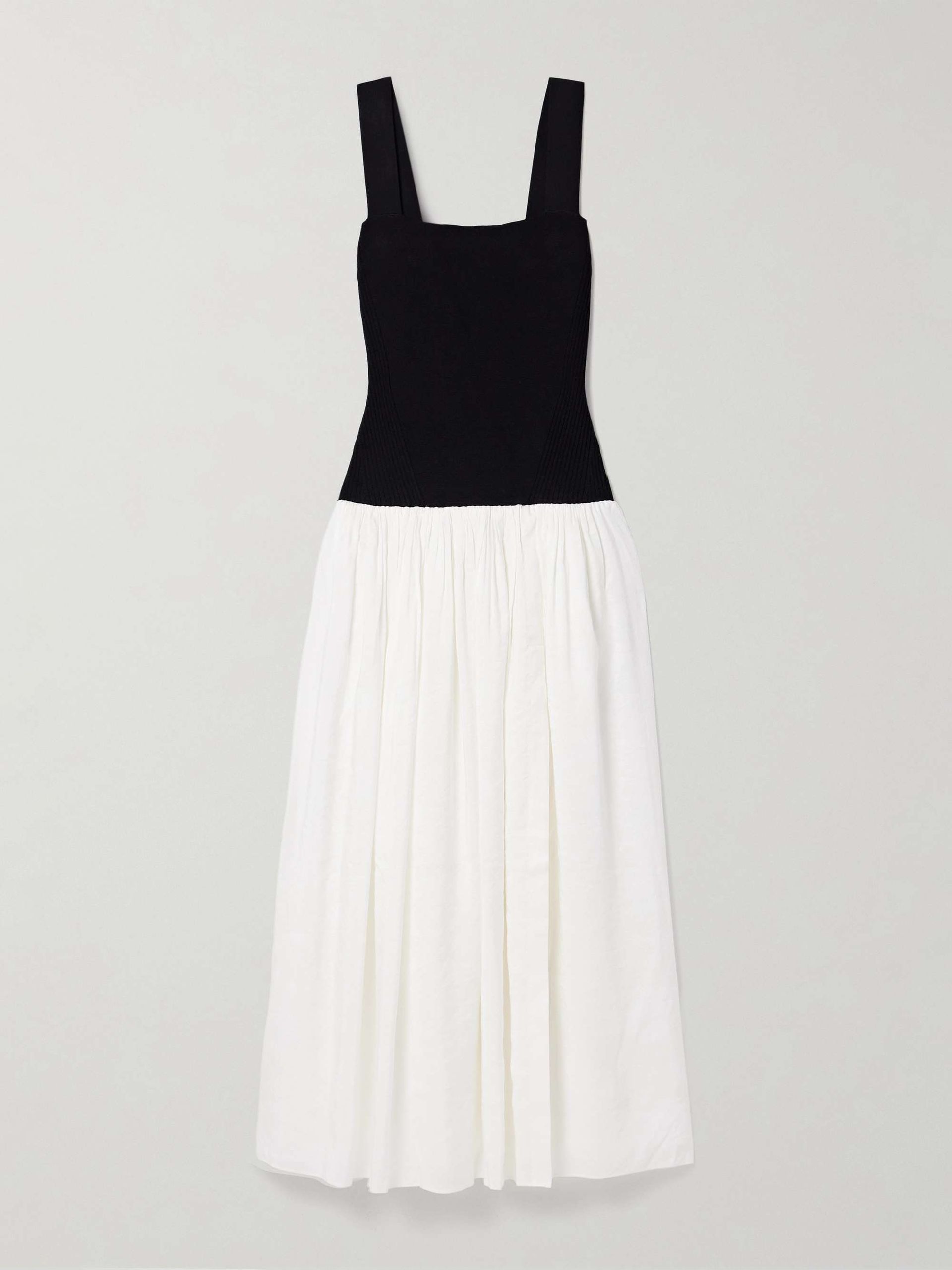 Stretch-Knit and Gathered Linen-Blend Midi Dress