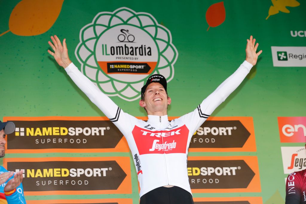 Dutch Bauke Mollema of TrekSegafredo celebrates on the podium after winning the Giro di Lombardia one day cycling race Saturday 12 October 2019 in Como ItalyBELGA PHOTO YUZURU SUNADA FRANCE OUT Photo by YUZURU SUNADABELGA MAGAFP via Getty Images