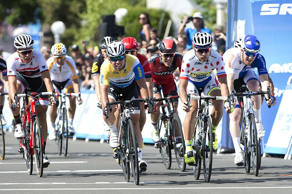Mark Cavendish (Etixx-Quick Step) and Peter Sagan (Tinkoff-Saxo) react after the sprint