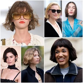 a collage of french bob hairstyles feature choppy bobs, textured bobs, short bobs, sleek bobs