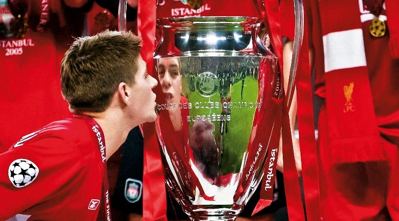 Steven Gerrard kisses the Champions League trophy after Liverpool&#039;s win over AC Milan in the 2005 final in Istanbul.