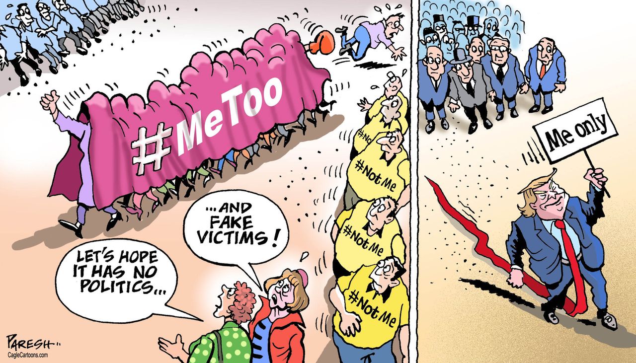 Political cartoon U.S. #MeToo Trump false allegations hard time for men