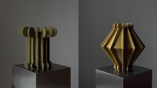 ‘Vessel No. VII’ in ochre, and ‘Vessel No. IV’ in aged bronze, both by Devin Wilde. 