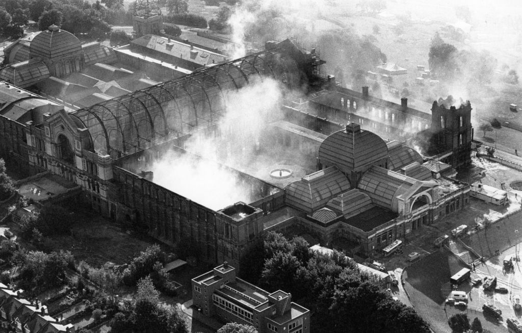 The fire at Alexandra Palace, north London, seen from the air