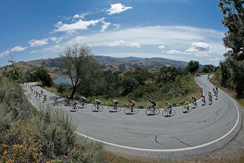 The peloton snakes along Calaveras Road early during stage two of the 2015 Amgen Tour of California