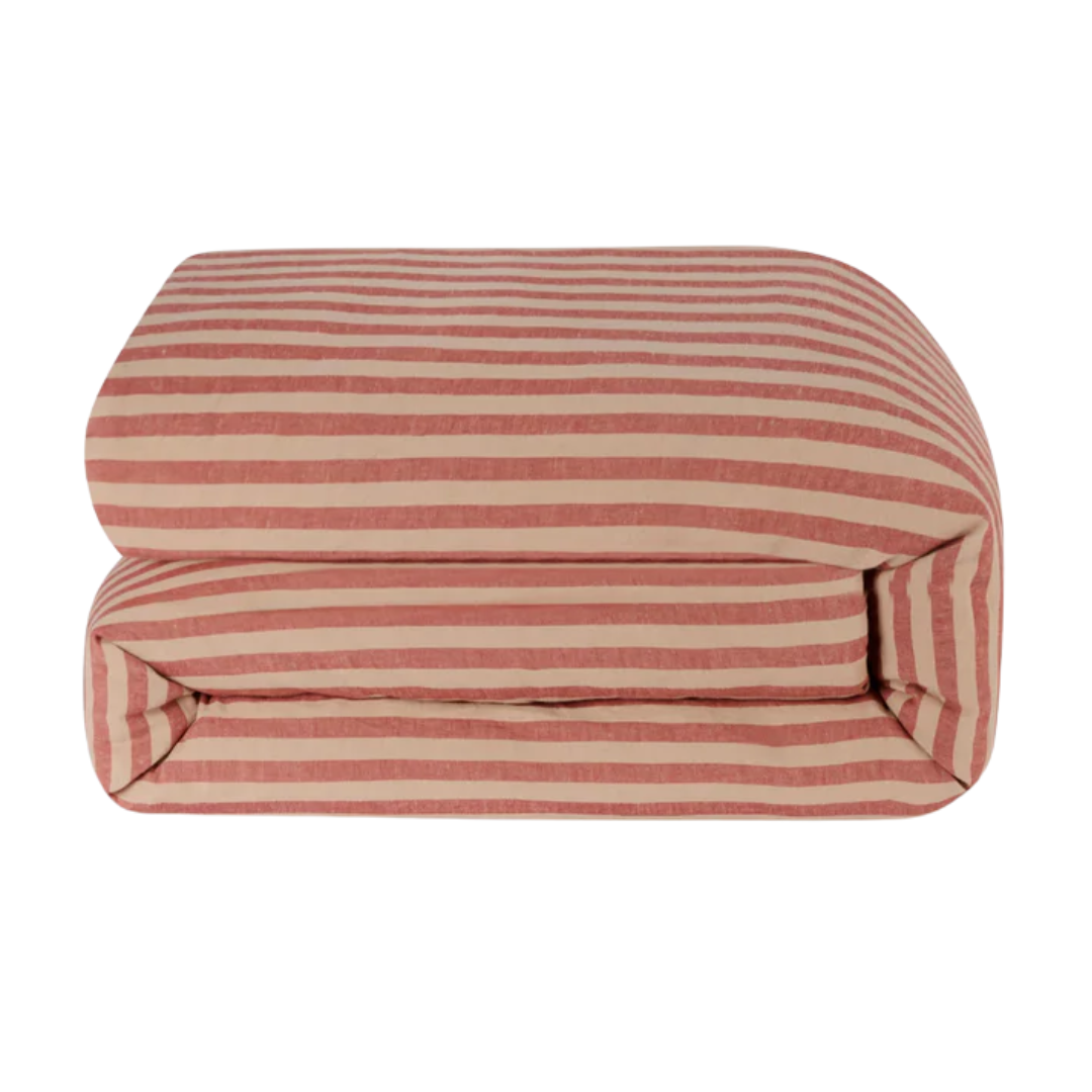 Piglet in Bed, Sandstone Red Pembroke Stripe Linen Blend Duvet Cover