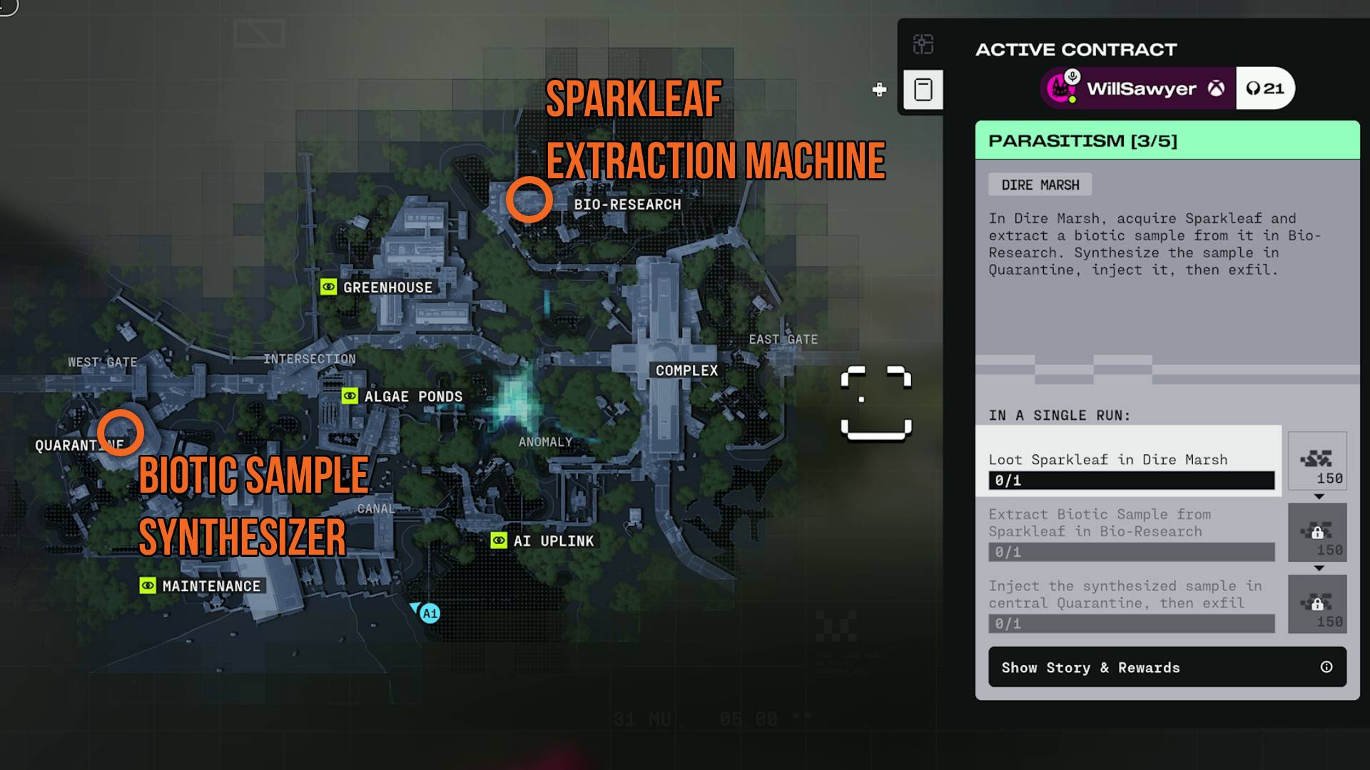 Marathon Parasitism contract Dire Marsh map showing sparkleaf extraction machine and biotic sample synthesizer